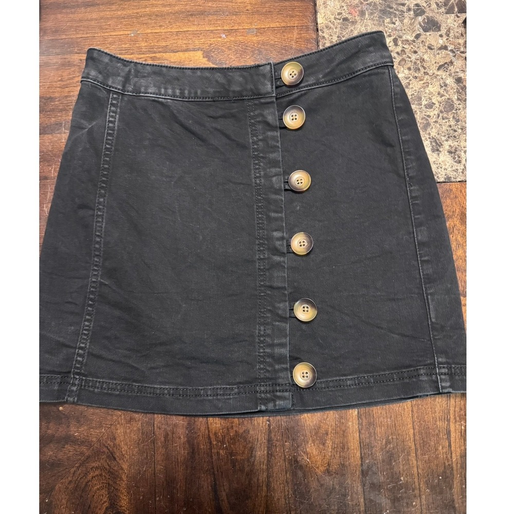 Free People Black Denim Button Front Mini Skirt Stretch A-Line Size 4